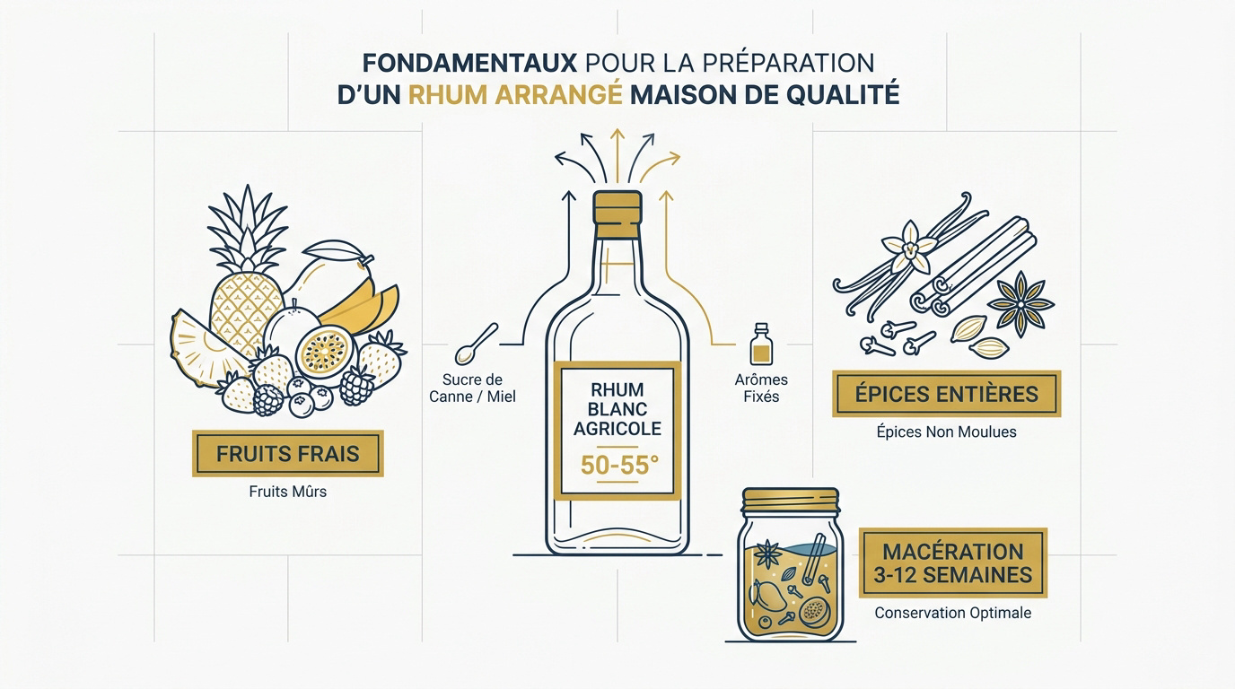 Bocaux de rhum arrangé maison avec fruits et épices en macération