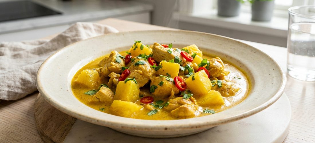 Assiette de poulet au curry onctueux avec morceaux d'ananas, piments rouges et coriandre fraîche sur une table de cuisine.