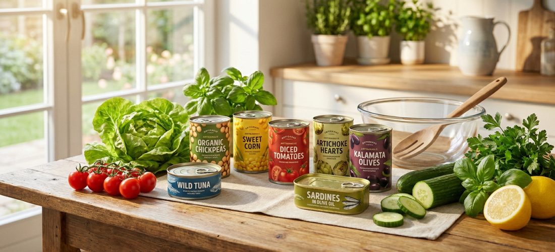 Assortiment de conserves, légumes frais et herbes sur une table en bois dans une cuisine lumineuse.