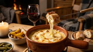 Fondue de camembert chaud dans un poêlon en terre cuite avec une fourchette trempant un morceau de pain grillé.