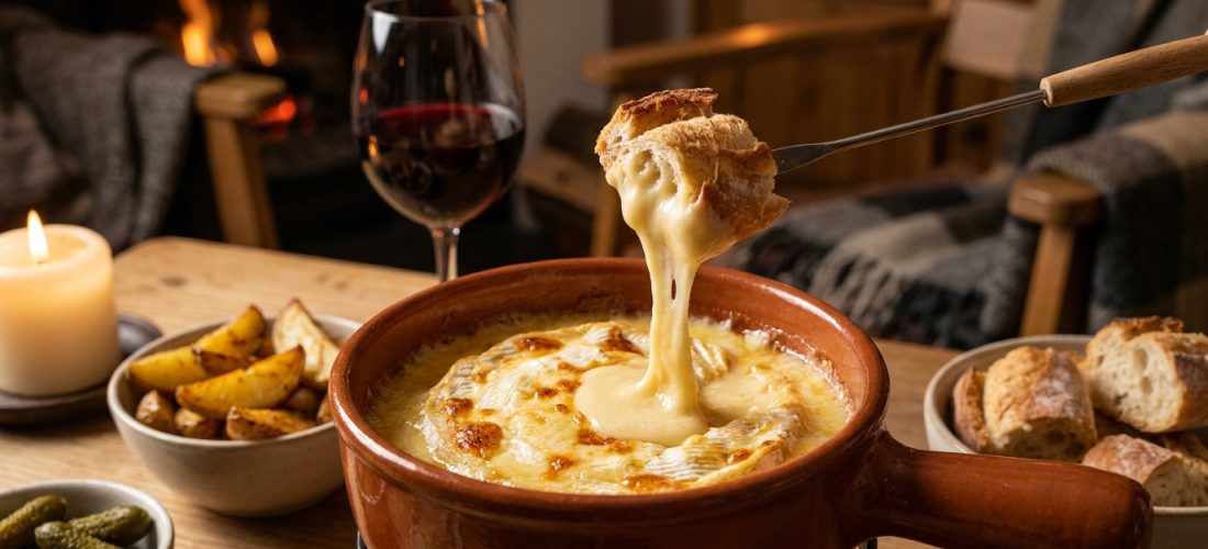 Fondue de camembert chaud dans un poêlon en terre cuite avec une fourchette trempant un morceau de pain grillé.