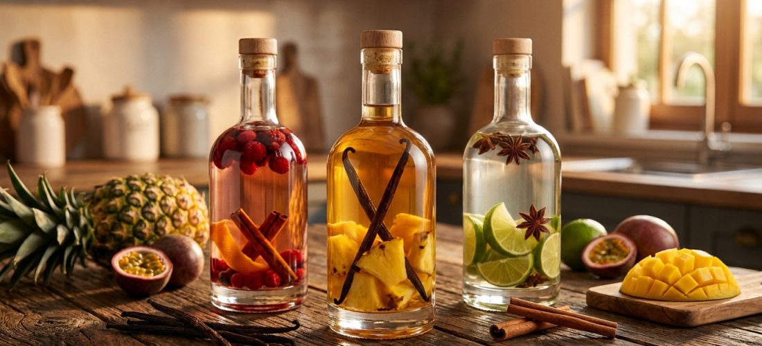 Trois bouteilles de rhum arrangé avec des fruits et épices sur une table en bois dans une cuisine lumineuse.
