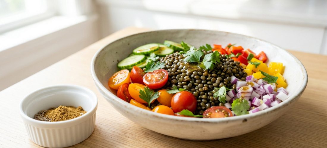 Bol de salade de lentilles avec tomates, concombres, poivrons, oignon rouge et herbes, accompagné d'épices.