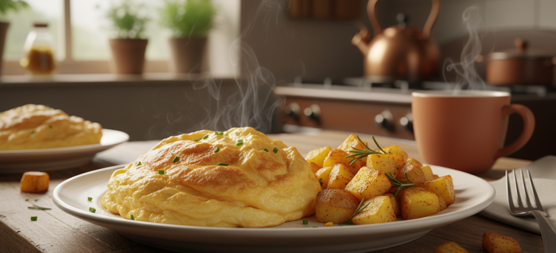 découvrez une omelette soufflée gourmande et légère, réalisée avec seulement trois œufs et une pomme de terre, idéale pour réchauffer vos soirées d’hiver avec un effet waouh garanti.