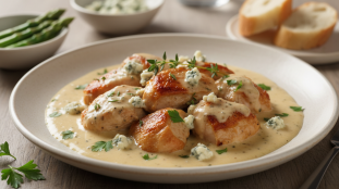 découvrez notre recette revisité de la blanquette de poulet, alliant onctuosité et caractère grâce à une sauce savoureuse au fromage bleu.