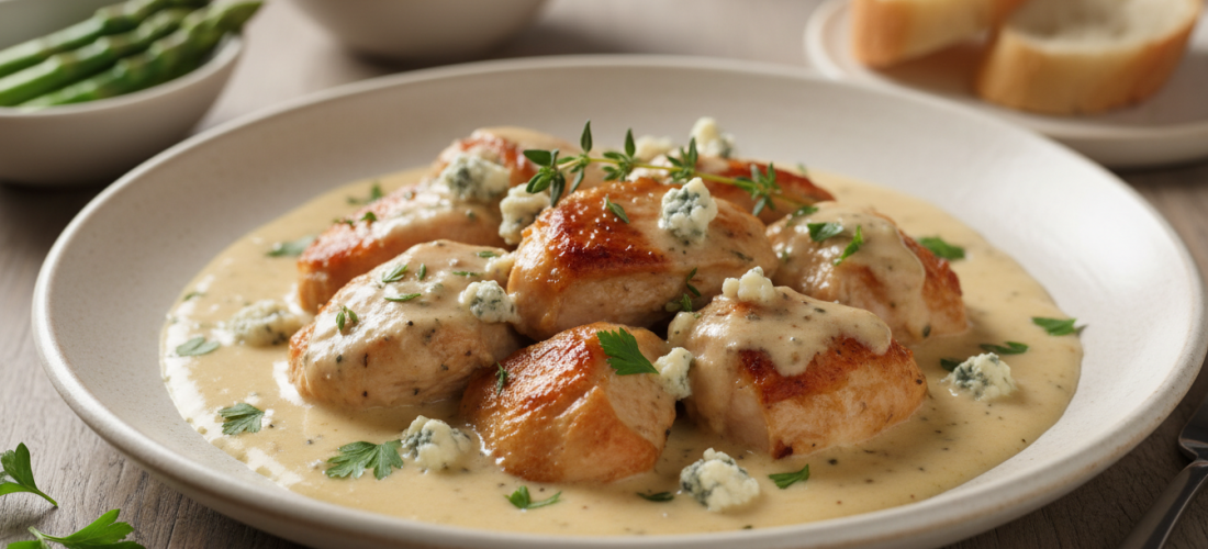 découvrez notre recette revisité de la blanquette de poulet, alliant onctuosité et caractère grâce à une sauce savoureuse au fromage bleu.