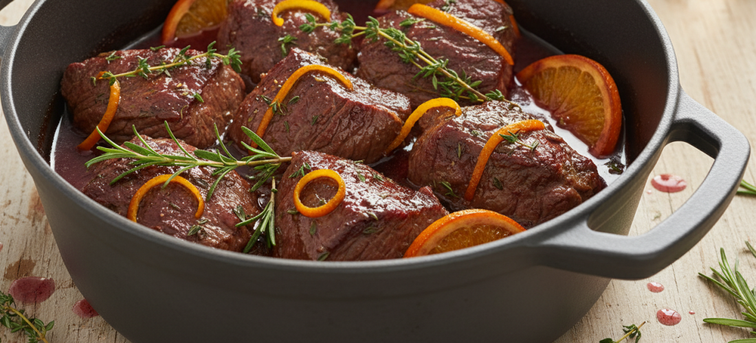 découvrez la recette du bœuf confit à l'orange et au vin rouge, une cuisson lente en cocotte qui révèle toute la tendreté et les saveurs riches de la viande.