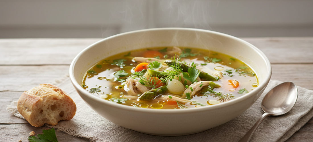 découvrez notre bouillon de poulet léger, une recette savoureuse alliant légumes frais et riz fondant pour un repas sain et réconfortant.