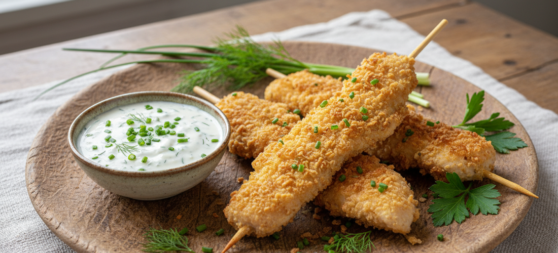 découvrez nos brochettes légères d’aiguillettes de poulet panées, servies avec une sauce au fromage blanc aux fines herbes, pour une repas savoureux et équilibré.