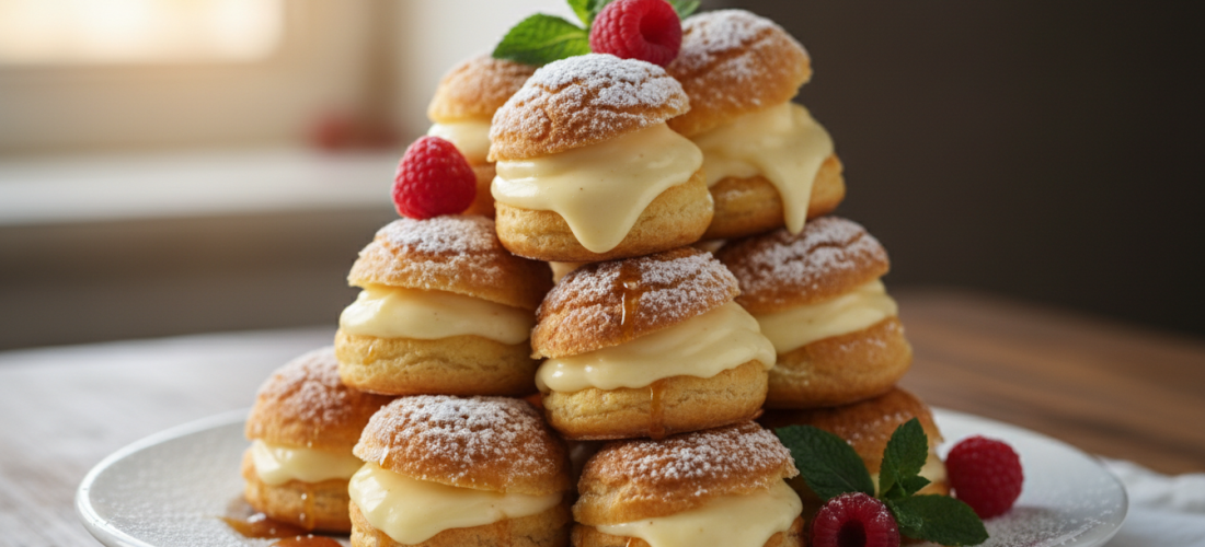 découvrez nos choux à la vanille, alliant une texture parfaite : croquants à l'extérieur et fondants à l'intérieur. un délice gourmand qui fond en bouche et disparaît en un instant.