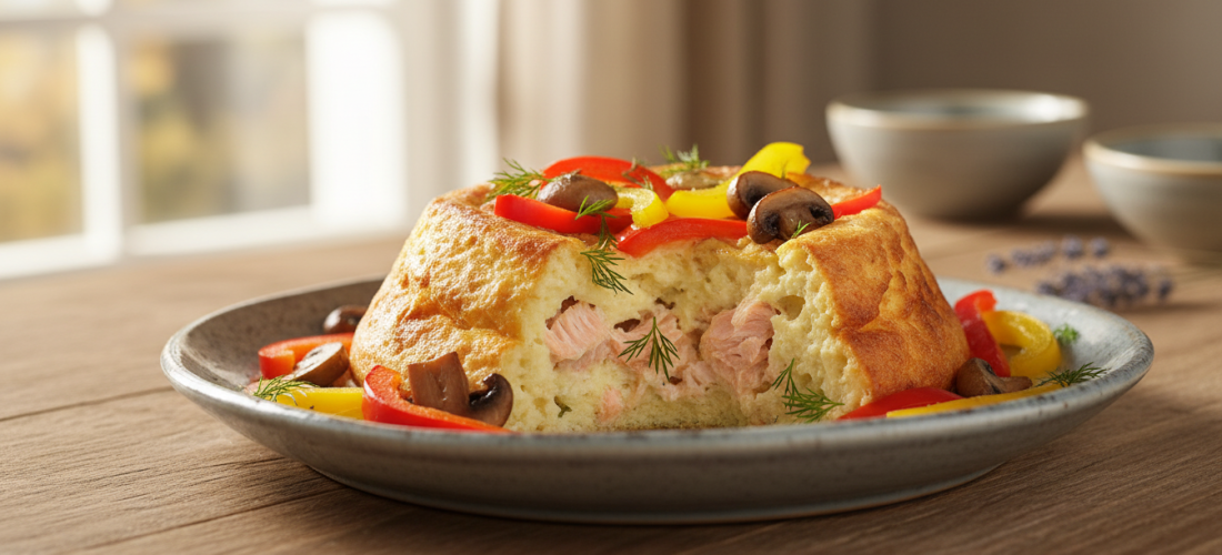 découvrez un clafoutis aérien au saumon, agrémenté de poivrons croquants et de champignons savoureux, pour une recette légère et pleine de saveurs.