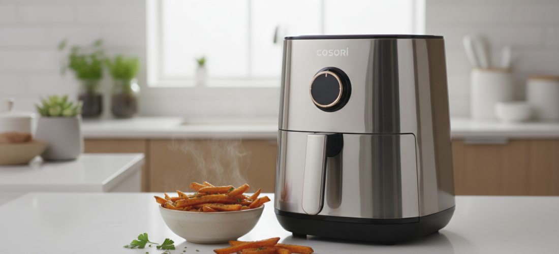 découvrez le cosori iconic single, un airfryer en inox performant pour préparer des frites délicieusement saines, croustillantes et légères en un rien de temps.