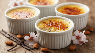 découvrez notre recette simple et gourmande de crème brûlée aérienne à l'amande et à la vanille, pour un dessert léger et délicieux qui ravira vos papilles.