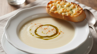 découvrez notre crème onctueuse de chou-fleur, délicatement accompagnée d’une bruschetta gourmande garnie de fromage fondant, pour une explosion de saveurs en bouche.