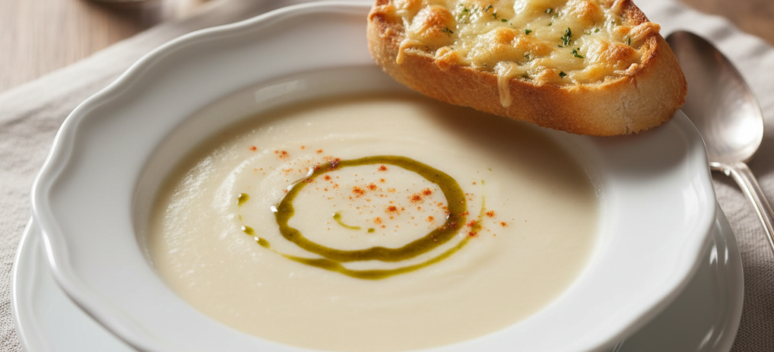 découvrez notre crème onctueuse de chou-fleur, délicatement accompagnée d’une bruschetta gourmande garnie de fromage fondant, pour une explosion de saveurs en bouche.