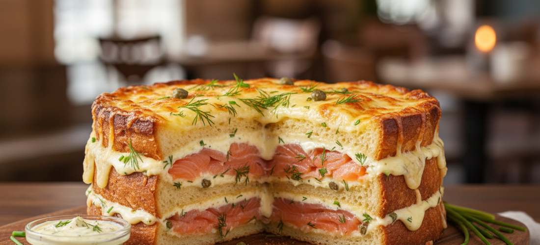 découvrez notre recette de croque-cake au saumon fumé, où le pain de mie renferme un cœur fondant et savoureux, parfait pour un repas gourmand et facile à préparer.
