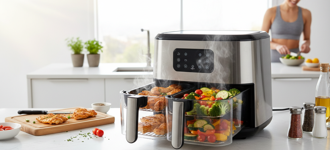 découvrez la friteuse ninja double stack xl sl400euwh, offrant 9,5 l de capacité pour une cuisson saine et sans huile. profitez de repas délicieux et croustillants en toute simplicité.