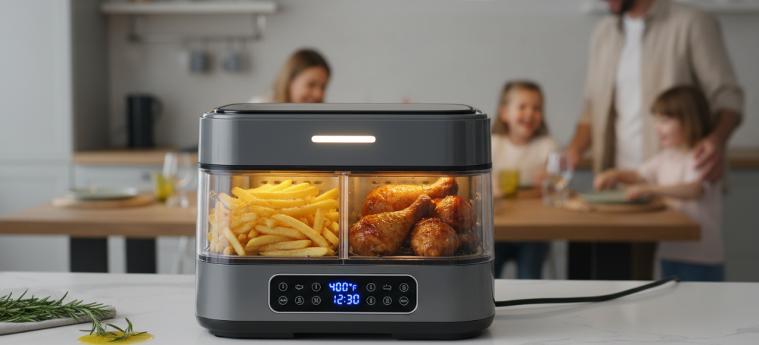 découvrez la friteuse xxl 12l à double compartiment, idéale pour cuisiner deux plats en même temps avec rapidité et efficacité. parfaite pour gagner du temps en cuisine tout en préparant des repas savoureux.