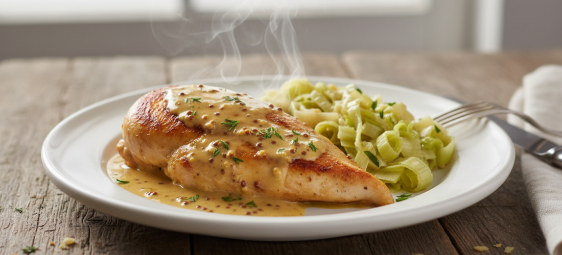savourez un poulet à la moutarde tendre accompagné d'une fondue de poireaux fondante, le plat réconfort parfait pour réchauffer vos soirées d'hiver.