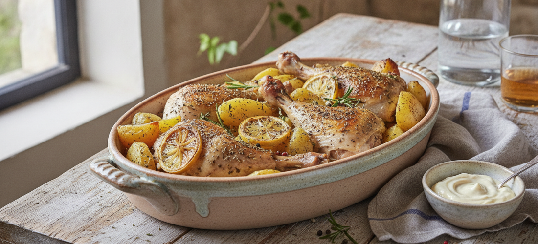 découvrez une recette simple et savoureuse de cuisses de poulet dorées accompagnées de pommes de terre rôties, idéale pour un déjeuner léger et gourmand au four.