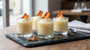 savourez une délicatesse gourmande avec une espuma légère de maroilles, sublimée par des chips croustillantes de lard fumé pour une explosion de saveurs raffinées.