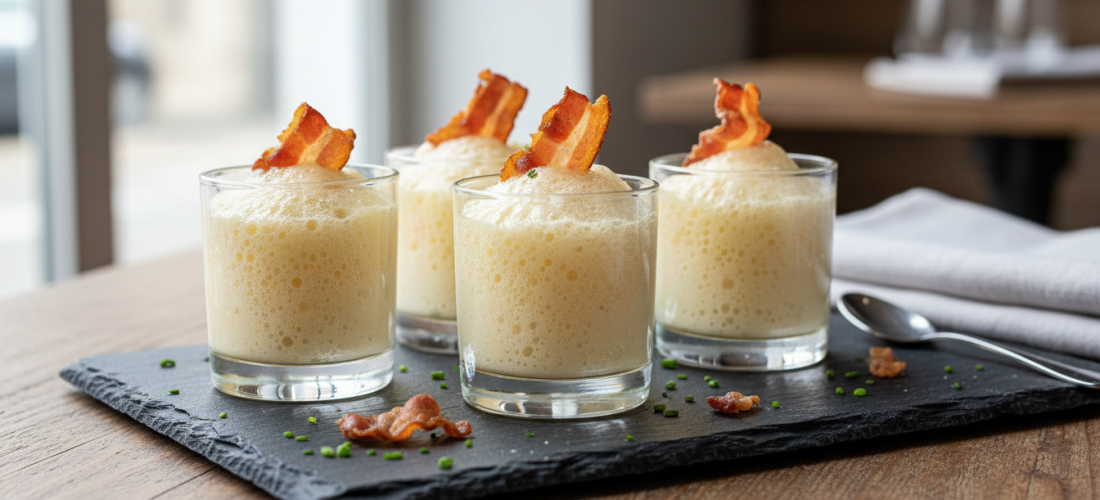 savourez une délicatesse gourmande avec une espuma légère de maroilles, sublimée par des chips croustillantes de lard fumé pour une explosion de saveurs raffinées.