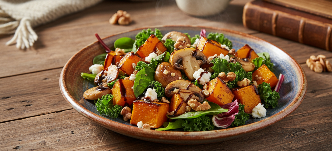 découvrez notre délice automnal, une salade gourmande alliant la douceur du butternut, la saveur des champignons et le fondant du fromage pour un repas réconfortant et savoureux.