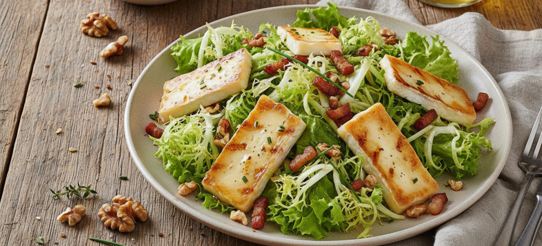 découvrez notre salade frisée gourmande, associant le fromage de brebis chaud et le miel fondant pour un délice croquant et savoureux.