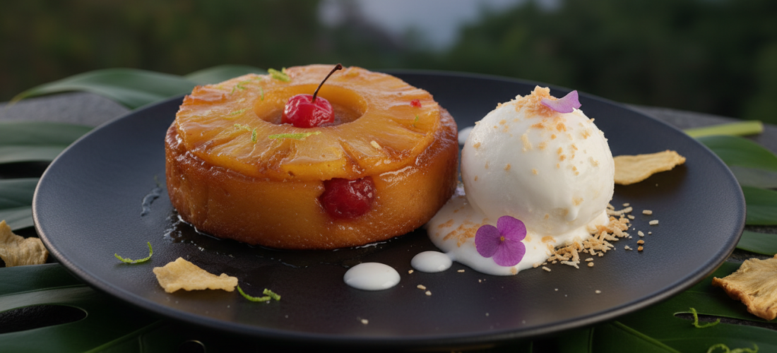 découvrez notre délice exotique : mini tarte tatin à l'ananas accompagnée d'un sorbet coco allégé, une gourmandise fraîche et légère pour un dessert fruité et raffiné.