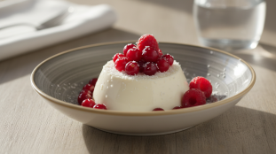 savourez notre délice exotique : une panna cotta onctueuse aux fruits rouges frais et noix de coco, un dessert léger et gourmand à déguster sans modération.