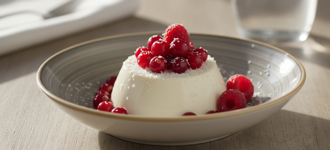 savourez notre délice exotique : une panna cotta onctueuse aux fruits rouges frais et noix de coco, un dessert léger et gourmand à déguster sans modération.
