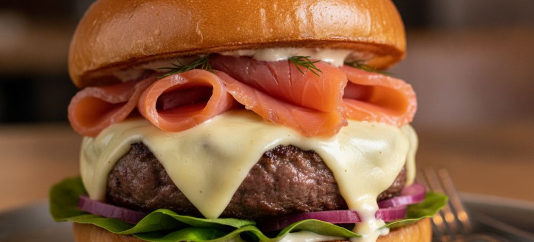 découvrez notre burger fondant au fromage et saumon fumé, une délicieuse fusion de saveurs gourmandes idéale pour un repas raffiné et réconfortant.