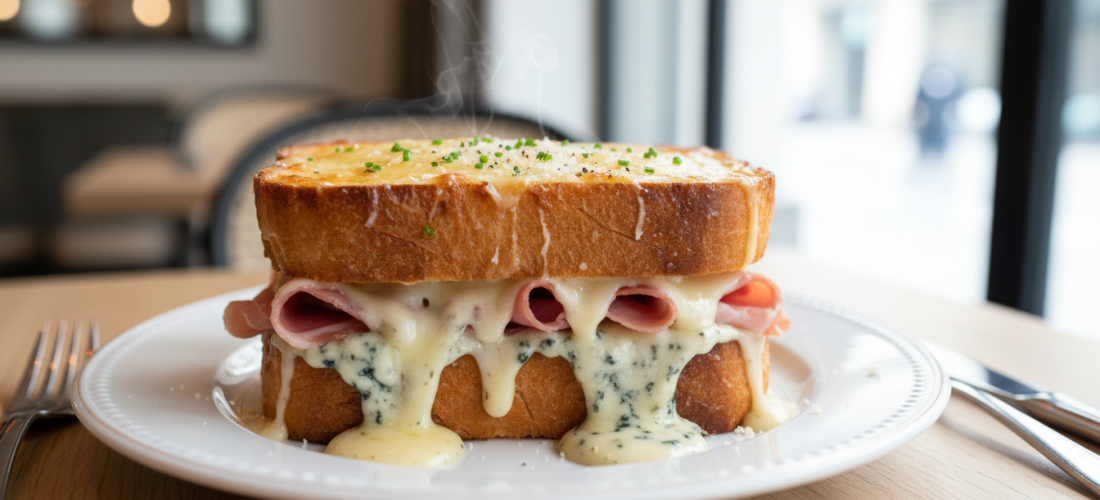 découvrez le délice guerrois, un croque-monsieur gourmand au jambon sec et à la crème fondante au bleu, pour une expérience savoureuse et raffinée.