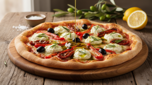 savourez une pizza délicieuse alliant fromage de chèvre frais et saveurs authentiques de majorque pour un délice méditerranéen unique.