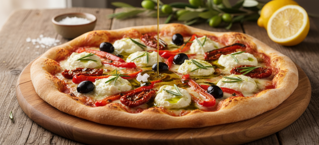savourez une pizza délicieuse alliant fromage de chèvre frais et saveurs authentiques de majorque pour un délice méditerranéen unique.