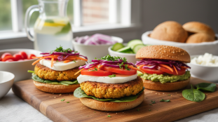 découvrez notre recette savoureuse de burger végétarien aux galettes de pois chiches croustillantes et fromage frais onctueux, un délice sain et gourmand pour toutes vos envies.