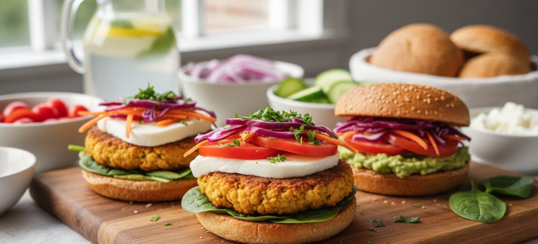 découvrez notre recette savoureuse de burger végétarien aux galettes de pois chiches croustillantes et fromage frais onctueux, un délice sain et gourmand pour toutes vos envies.