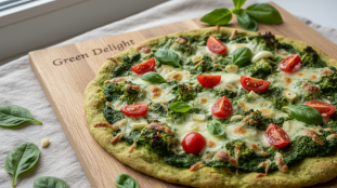 découvrez délice vert, une pizza légère et gourmande au pesto d'épinards frais, posée sur une croûte croustillante de brocoli, pour une expérience saine et savoureuse.