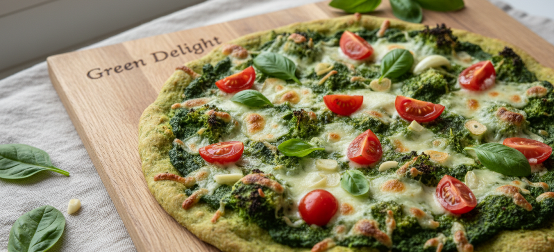 découvrez délice vert, une pizza légère et gourmande au pesto d'épinards frais, posée sur une croûte croustillante de brocoli, pour une expérience saine et savoureuse.