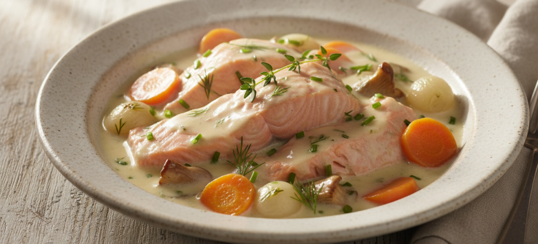 découvrez notre recette légère et savoureuse de saumon mijoté façon blanquette, un délice crémeux parfait pour un repas gourmand et allégé.
