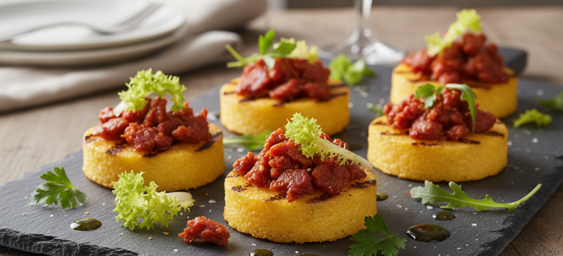 découvrez notre recette savoureuse de toast de polenta au fromage et chorizo, un délice croustillant parfait pour un apéritif gourmand ou un repas rapide et convivial.