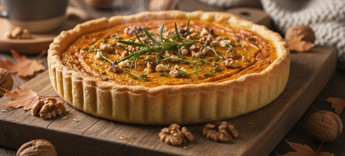 savourez l'automne avec notre quiche onctueuse au potimarron et fromage frais, un mélange parfait de douceur et de fraîcheur pour vos repas de saison.