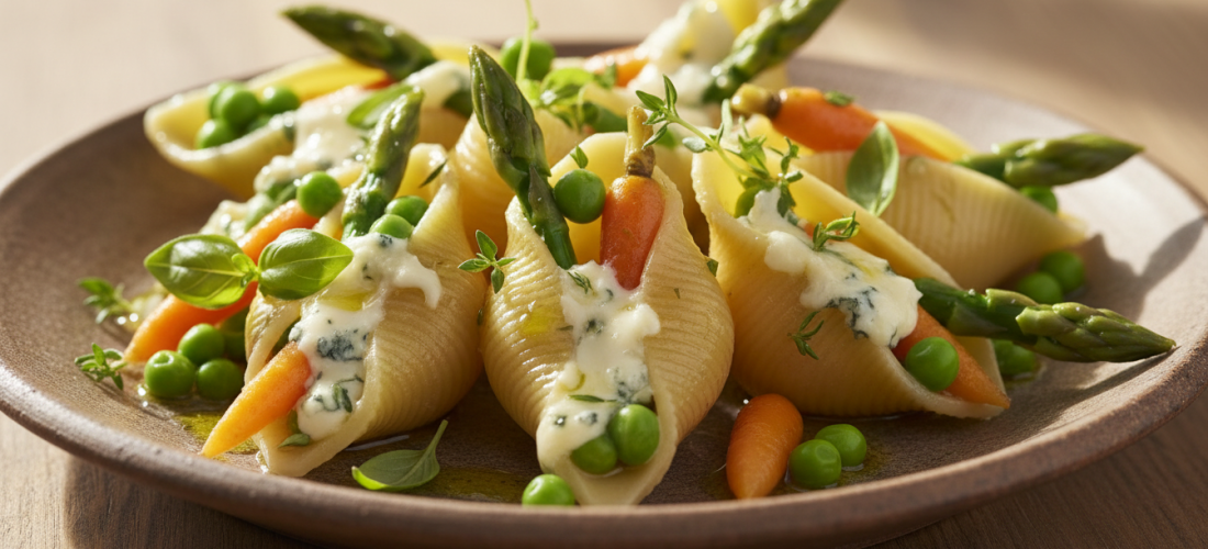 savourez nos conchiglionis farcis aux légumes printaniers frais et fromage bleu fondant, une explosion de saveurs gourmandes pour un repas raffiné et coloré.