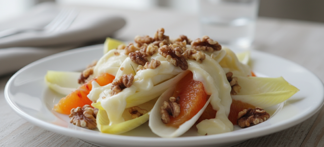 découvrez notre recette de délice d’endives croquantes associées à l’orange juteuse, aux noix grillées et au fromage de brebis fondant pour une harmonie parfaite de saveurs.