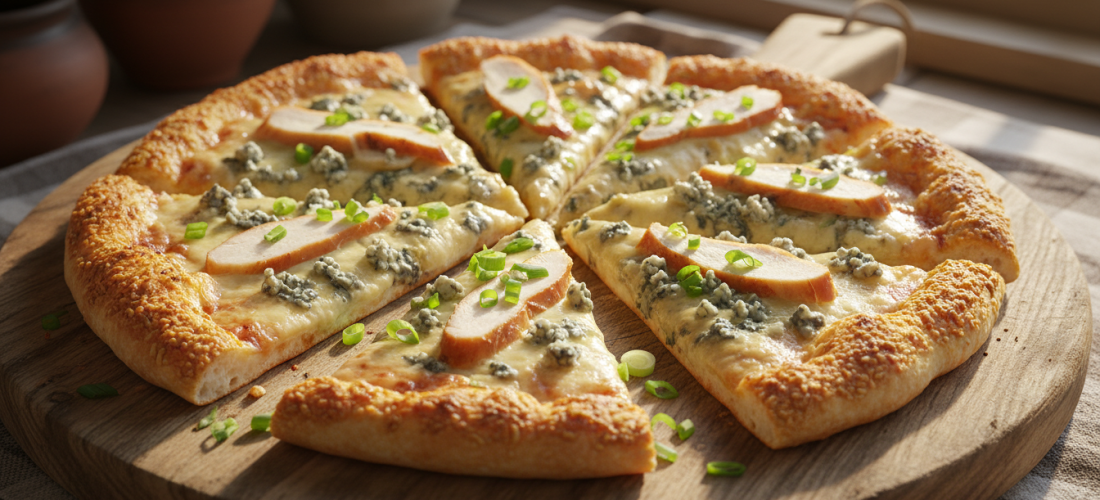 découvrez notre recette estivale gourmande : pizza au bleu, poulet fumé et oignons nouveaux, un délice savoureux parfait pour vos repas d'été.