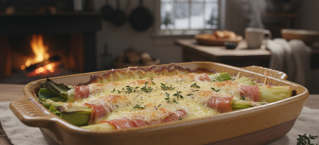 savourez nos poireaux gratinés au jambon serrano et comté, un plat réconfortant et gourmand parfait pour des soirées d'hiver chaleureuses en famille ou entre amis.