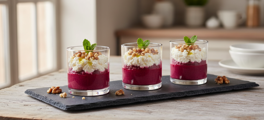 découvrez une recette savoureuse de délice en verrine avec betterave fondante et fromage frais, parfaite pour une entrée fraîche et gourmande.