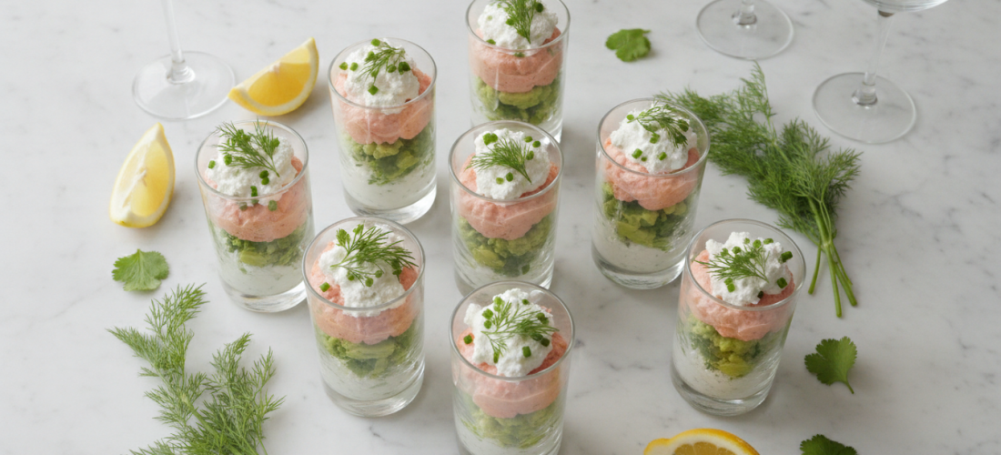 découvrez notre recette savoureuse de délice en verrine alliant saumon fumé, avocat crémeux et fromage frais aux fines herbes et ail, parfaite pour une entrée fraîche et gourmande.