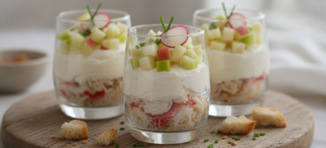 découvrez une recette gourmande de délice en verrines alliant pommes vertes croquantes et tourteau au fromage frais, parfaite pour une entrée fraîche et savoureuse.