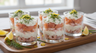 découvrez une recette gourmande de verrines au saumon fumé et crevettes, associées à un fromage frais onctueux, parfaite pour un apéritif raffiné et frais.